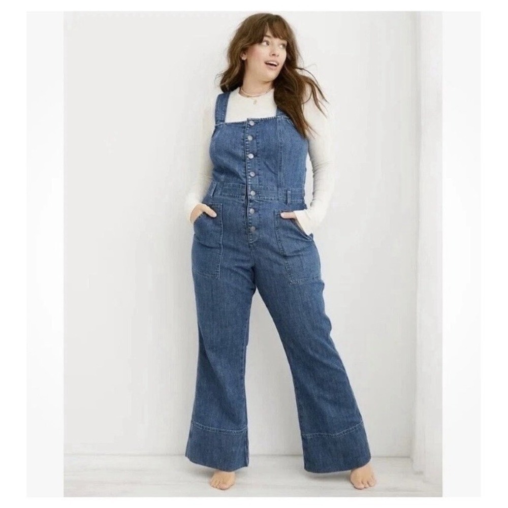 Aerie Denim Kick Flare Overalls Large L Country Western Rodeo Retro Utility 70s